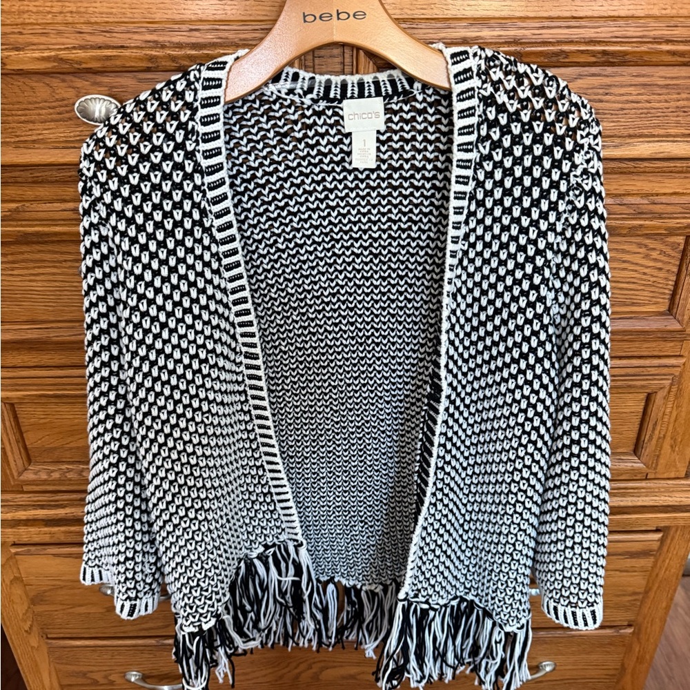 Chico's Black and White Open-Knit Fringe Cardigan